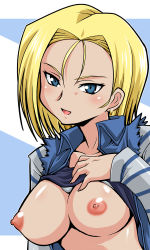 Rule 34 | 1girl, android 18, blonde hair, blue eyes, breasts, clothes lift, dragon ball, dragonball z, nipples, open mouth, puffy nipples, ryumage, shirt lift, smile, solo