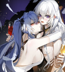 Rule 34 | 2girls, akizero1510, azur lane, bare back, bare shoulders, black dress, black nails, black ribbon, blue hair, blush, breasts, crossed bangs, cup, dress, drinking glass, elbow gloves, enterprise (azur lane), enterprise (heroic finery) (azur lane), essex (azur lane), feathers, gloves, hair between eyes, hair ribbon, highres, holding, holding cup, hug, hurricane glass, large breasts, long hair, looking at viewer, multiple girls, official alternate costume, open mouth, purple eyes, red eyes, ribbon, sideboob, twintails, white feathers, white gloves, white hair