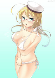 Rule 34 | 10s, 1girl, bad id, bad pixiv id, bikini, blonde hair, blue eyes, breasts, cleavage, glasses, hat, i-8 (kancolle), kankitsunabe (citrus), kantai collection, large breasts, long hair, peaked cap, solo, swimsuit