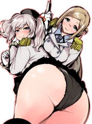 Rule 34 | 10s, 2girls, ass, beret, black panties, blue eyes, blush, breasts, brown hair, double-breasted, epaulettes, glasses, gloves, hat, huge ass, kantai collection, kashima (kancolle), katori (kancolle), looking at viewer, multiple girls, necktie, panties, silver hair, simple background, skirt, smile, twintails, uekan, underwear, white background, white gloves, wide hips