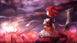 Rule 34 | 1girl, arm garter, closed eyes, flower, hair bobbles, hair ornament, hitodama, minust, obi, onozuka komachi, over shoulder, puffy short sleeves, puffy sleeves, red hair, sash, scythe, short hair, short sleeves, solo, spider lily, sunlight, touhou, twintails, two side up, weapon, weapon over shoulder