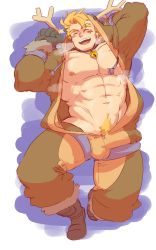 Rule 34 | 1boy, abs, absurdres, alternate costume, antlers, bara, bell, blonde hair, blush, bulge, collar, dragalia lost, erection, erection under clothes, gloves, highres, horns, large pectorals, male focus, male pubic hair, muscular, naked sweater, navel, neck bell, nipples, pectorals, piikeisandaa, pubic hair, reindeer antlers, rex (dragalia lost), shoes, short hair, simple background, smile, solo, sweater, thick thighs, thighs, tight clothes