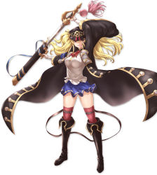 Rule 34 | 1girl, absurdres, blonde hair, boots, breasts, granblue fantasy, hat, highres, long hair, monica (granblue fantasy), open mouth, peaked cap, red thighhighs, sakaokasan, school uniform, simple background, skirt, solo, sword, thighhighs, weapon