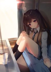 Rule 34 | 1girl, akino (1i1i1i1i), bad id, bad pixiv id, black neckwear, black skirt, black socks, blurry, blurry background, blush, breasts, brown hair, collared shirt, commentary request, cup, curtains, day, depth of field, diagonal stripes, dress shirt, drinking glass, fingernails, glass table, hand on own knee, head tilt, indoors, kneehighs, knees up, long hair, long sleeves, looking at viewer, looking to the side, medium breasts, no shoes, original, parted lips, pleated skirt, pov, red eyes, school uniform, shirt, skirt, smile, socks, solo focus, striped neckwear, sunlight, sweater vest, table, two side up, very long hair, white shirt