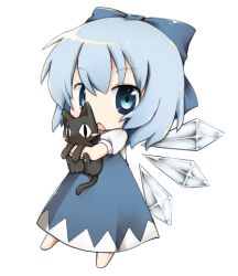 Rule 34 | 1girl, :&lt;, bad id, bad pixiv id, blue eyes, bow, cat, chibi, cirno, hair bow, holding, lowres, open mouth, short hair, solo, tefun, tefun (tehun), embodiment of scarlet devil, touhou, wings