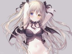 Rule 34 | 1girl, :o, armpits, arms behind head, arms up, babydoll, bare arms, bat wings, black bow, black wings, blue eyes, blush, bow, breasts, collarbone, commentary, grey background, groin, hair between eyes, hair bow, heterochromia, highres, light brown hair, long hair, medium breasts, navel, original, parted lips, shiratama (shiratamaco), simple background, solo, symbol-only commentary, two side up, upper body, very long hair, wings, yellow eyes