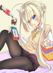 Rule 34 | 1girl, absurdres, ahoge, black pantyhose, blonde hair, blue eyes, blunt ends, blush, brown skirt, chips (food), cola, collared shirt, commentary request, company connection, copyright name, double bun, eating, eyes visible through hair, feet out of frame, food, food in mouth, hair between eyes, hair bun, hair ribbon, handheld game console, highres, holding, holding handheld game console, huge ahoge, knee up, long hair, long sleeves, looking at viewer, miniskirt, necktie, nintendo switch, pantyhose, pleated skirt, potato chips, ribbon, school uniform, shirayuki noa, shirt, short necktie, sidelocks, simple background, sitting, skirt, solo, sweater vest, tenshi souzou re-boot!, tenshinranman, thighband pantyhose, thighs, twintails, very long hair, white ribbon, white shirt, yellow background, yellow necktie, yellow sweater vest, yukichi (nyarome-busters), yuzu-soft