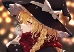 Rule 34 | 1girl, absurdres, black hat, blonde hair, blurry, blurry background, braid, breath, frilled hat, frills, hat, highres, holding, holding clothes, holding scarf, kirisame marisa, lights, long hair, looking at viewer, open mouth, plaid, plaid scarf, red scarf, scarf, side braid, single braid, solo, touhou, upper body, witch hat, yamanakaume, yellow eyes