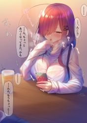 Rule 34 | 1girl, ahoge, bad id, bad pixiv id, blush, bralines, breasts, cellphone, clothing cutout, cup, drinking glass, finger to mouth, hair ornament, hair over one eye, highres, implied sex, juice, large breasts, long hair, long sleeves, looking at phone, looking away, nail polish, nose blush, orange juice, original, phone, pink nails, pov, ramchi, red hair, ribbed sweater, shoulder cutout, smartphone, solo focus, sound effects, suspenders, sweater, table, taut sweater, translation request, white sweater, x hair ornament, yellow eyes