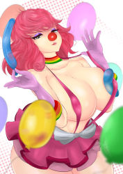 Rule 34 | 1girl, ace attorney, adapted costume, alternate breast size, balloon, bare shoulders, black eyes, breasts, choker, clown, clown girl, clown nose, collarbone, cowboy shot, eyeshadow, geiru toneido, gloves, highres, huge breasts, lips, looking at viewer, makeup, molu, moluscoo, parted lips, pink background, pink gloves, pink hair, pink skirt, polka dot, polka dot background, skirt, smile, solo, standing, suspenders, white background