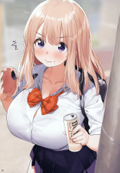 Rule 34 | 1girl, ^^^, absurdres, anpan, backpack, bag, black skirt, blue skirt, blush, bow, bowtie, bra visible through clothes, bralines, bread, breasts, button gap, can, canned coffee, chewing, cleavage, closed mouth, collarbone, cowboy shot, curvy, drink can, eating, embarrassed, food, food on face, highres, holding, holding can, holding food, huge breasts, kaisen chuui, lamppost, light brown hair, lips, long hair, looking at viewer, medium hair, miniskirt, non-web source, original, outdoors, page number, purple eyes, red bow, red bowtie, scan, school bag, school uniform, shirt, skirt, solo, standing, surprised, taut clothes, taut shirt, utility pole, v-shaped eyebrows, white shirt