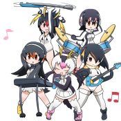 Rule 34 | 5girls, :d, animated, antenna hair, beamed eighth notes, black hair, blonde hair, brown hair, closed eyes, closed mouth, commentary, drawstring, drum, drum set, drumsticks, eighth note, emperor penguin (kemono friends), full body, gentoo penguin (kemono friends), guitar, headphones, holding, holding drumsticks, holding instrument, holding microphone, humboldt penguin (kemono friends), instrument, jacket, kemono friends, keyboard (instrument), leotard, long hair, long sleeves, looking at viewer, looking to the side, looping animation, medium hair, microphone, motion lines, multicolored hair, multiple girls, music, musical note, open clothes, open jacket, open mouth, penguins performance project (kemono friends), pink hair, playing instrument, red hair, rockhopper penguin (kemono friends), royal penguin (kemono friends), shoes, short hair, simple background, singing, skirt, smile, spinning, standing, taro (tontaro), thighhighs, twintails, ugoira, video, white background