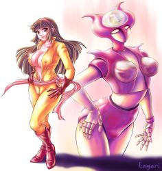 Rule 34 | 1girl, aphrodai a, aphrodite a, artist name, artist request, bodysuit, boots, breasts, brown eyes, brown hair, cameltoe, elbow gloves, female focus, gloves, gradient background, hairband, hand on own hip, hands on own hips, knee boots, large breasts, long hair, mazinger (series), mazinger z, mecha, no bra, red footwear, red gloves, robot, simple background, standing, tagme, toei animation, unzipped, yumi sayaka, zipper
