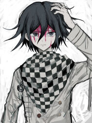 Rule 34 | 1boy, absurdres, arm up, black eyes, black hair, blood, blood on face, buttons, checkered clothes, checkered scarf, danganronpa (series), danganronpa v3: killing harmony, double-breasted, grey background, grey jacket, hand in own hair, highres, jacket, long sleeves, medium hair, messy hair, oma kokichi, parted lips, pink blood, scarf, solo, teeth, upper body, wa noko, white background