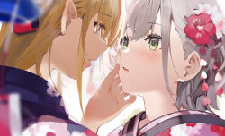 Rule 34 | 2girls, blonde hair, blush, bow, brown eyes, commentary, dark-skinned female, dark skin, eye contact, face-to-face, flower, green eyes, grey hair, hair bow, hair flower, hair ornament, hand on another&#039;s face, highres, hololive, japanese clothes, kimono, looking at another, multiple girls, niii (memstapak), parted lips, pointy ears, portrait, red flower, shiranui flare, shiranui flare (new year), shirogane noel, virtual youtuber, white flower, yukata, yuri