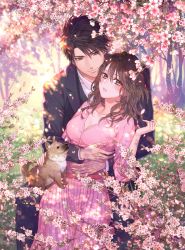 Rule 34 | 1boy, 1girl, animal, animal on lap, black hair, black pants, blush, breasts, brown eyes, brown hair, cherry blossoms, cleavage, day, dog, dress, formal, hetero, hug, hug from behind, long hair, looking at another, looking at viewer, medium breasts, nama (f14a), on lap, outdoors, pants, pink dress, pink skirt, sitting, skirt, suit, sunlight