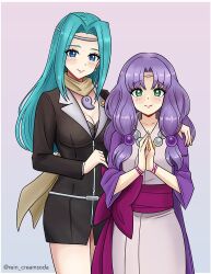 Rule 34 | 2girls, ace attorney, aqua hair, bead necklace, beads, blue eyes, breasts, circlet, cleavage, commentary, commission, cosplay, english commentary, facing viewer, fiora (fire emblem), fire emblem, fire emblem: the blazing blade, florina (fire emblem), green eyes, japanese clothes, jewelry, long hair, looking at viewer, magatama, magatama necklace, maya fey, maya fey (cosplay), medium breasts, mia fey, mia fey (cosplay), multiple girls, necklace, nintendo, own hands together, phoenix wright: ace attorney, prayer beads, rein creamsoda, scarf, siblings, sisters, smile, straight-on