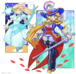 Rule 34 | 1girl, black footwear, blonde hair, blue coat, blue eyes, blue headwear, boots, brooch, closed eyes, coat, commentary request, dress, earrings, flower, gloves, hair ribbon, hat feather, highres, holding, holding weapon, jewelry, light blue dress, long hair, mario (series), multiple views, nintendo, official alternate costume, oomasa teikoku, petals, pink ribbon, ponytail, princess peach, princess peach: showtime!, ribbon, rose, rose petals, sphere earrings, star (symbol), swordfighter peach, thigh boots, weapon, white gloves