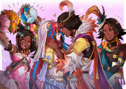Rule 34 | 1boy, 3girls, :d, adapted costume, alear (female) (fire emblem), alear (fire emblem), black gloves, black hair, blue flower, blue hair, bouquet, bridal veil, commentary, dark skin, dress, eyeshadow, feather hair ornament, feathers, fire emblem, fire emblem engage, flower, fogado (fire emblem), from side, gloves, grin, gzei, hair ornament, happy tears, heart, holding, holding bouquet, makeup, mother and daughter, mother and son, multicolored hair, multiple girls, nintendo, open mouth, orange flower, pink dress, profile, red hair, red lips, seforia (fire emblem), shirt, short hair, smile, streaked hair, tears, timerra (fire emblem), veil, white shirt