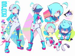 Rule 34 | 1girl, aetherion, ahoge, angry, aqua eyes, aqua hair, asymmetrical legwear, blue footwear, blush, blush stickers, character sheet, color guide, crossed arms, energy gun, full body, gun, hand on own hip, highres, multicolored eyes, multiple views, original, pink eyes, plugsuit, ray gun, short hair, simple background, smile, space girl (aetherion), uneven legwear, weapon, white background