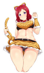 Rule 34 | 10s, 1girl, alp, animal ears, animal print, black panties, blush, breasts, cat ears, cat tail, claw pose, crop top, from below, holding own tail, leopard ears, leopard print, looking at viewer, love live!, love live! school idol festival, love live! school idol project, medium breasts, midriff, navel, nishikino maki, panties, pantyshot, purple eyes, red hair, short hair, skirt, smile, solo, standing, tail, underwear, upskirt