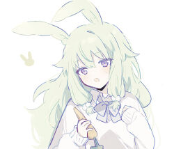 Rule 34 | 1girl, :o, animal ears, bow, bowtie, carrot, collared shirt, commentary request, grey hair, hair bow, holding, holding carrot, kusanagi nene, long hair, long sleeves, open mouth, project sekai, purple eyes, qi7pi, rabbit, rabbit ears, rabbit girl, shirt, solo, upper body, wavy hair, white background