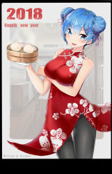 Rule 34 | 1girl, 2018, :d, absurdres, alternate costume, alternate hairstyle, artist name, baozi, bare arms, bare shoulders, black pantyhose, blue eyes, blue hair, blush, breasts, china dress, chinese clothes, commentary request, cowboy shot, double bun, dress, fingerless gloves, floral print, food, gloves, grey background, hair between eyes, hair bun, hair ornament, hair ribbon, happy new year, highres, holding, huidare, indoors, large breasts, looking at viewer, new year, open mouth, pantyhose, purple ribbon, re:zero kara hajimeru isekai seikatsu, red dress, rem (re:zero), ribbon, short hair, side slit, sleeveless, sleeveless dress, smile, solo, standing, thighs, v-shaped eyebrows, white gloves, x hair ornament