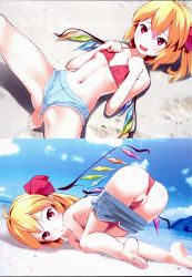 Rule 34 | 1girl, absurdres, anus, anus peek, ass, bad anatomy, barefoot, beach, bikini, blonde hair, blush, breasts, covered erect nipples, fang, feet, flandre scarlet, flat chest, frontal wedgie, highres, navel, non-web source, outdoors, outie navel, partially visible vulva, red bikini, red eyes, ribbon, scan, short shorts, shorts, smile, solo, sushoyushi, swimsuit, top-down bottom-up, touhou, wedgie, wings