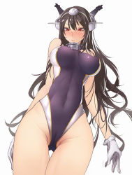 Rule 34 | 10s, 1girl, alternate costume, ass, bare arms, bare legs, black hair, blush, breasts, competition swimsuit, covered erect nipples, covered navel, cowboy shot, gingami (giluziru), gloves, gluteal fold, highleg, highleg swimsuit, kantai collection, large breasts, long hair, looking down, nagato (kancolle), one-piece swimsuit, puffy nipples, red eyes, solo, swimsuit, thighs, white gloves