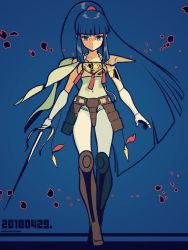 Rule 34 | 1girl, armor, blue eyes, blue hair, dated, expressionless, faulds, full body, greaves, hime cut, holding, holding sword, holding weapon, kayura, leg armor, long hair, looking at viewer, petals, ponytail, sasaki tomomi, sidelocks, solo, sword, tassel, very long hair, weapon, yoroiden samurai troopers