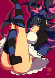 Rule 34 | 10s, 1girl, black hair, booch, bow, breasts, censored, colored inner hair, convenient censoring, dress, green eyes, hair bow, kneepits, large breasts, legs up, multicolored hair, no bra, no panties, panty &amp; stocking with garterbelt, pink hair, shoes, solo, star (symbol), stocking (psg), striped clothes, striped thighhighs, thighhighs, two-tone hair, undressing