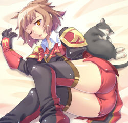 Rule 34 | 00s, 1girl, ass, bed, brown eyes, brown hair, cat, final fantasy, final fantasy xi, gloves, hume, katy (artist), legs, lying, red mage (final fantasy), short hair, shorts, shoulder pads, sleepy, solo, thighhighs
