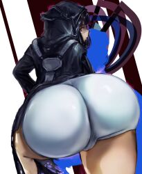 Rule 34 | 1girl, ass, ass focus, black hair, cameltoe, cloak, d (nikke), embarrassed, from behind, goddess of victory: nikke, huge ass, juju (poipoipui), looking at viewer, looking back, open mouth, red eyes, short hair, short shorts, shorts, solo, thick thighs, thighs