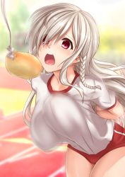 Rule 34 | 1girl, binder clip, blurry, blurry background, blush, bouncing breasts, bound, bound wrists, braid, bread, bread eating race, breasts, buruma, food, g36c (girls&#039; frontline), girls&#039; frontline, gym uniform, hair over one eye, large breasts, long hair, open mouth, red buruma, red eyes, rope, shirt, side braid, sidelocks, silver hair, solo, sports festival, sweat, sweatdrop, thighs, tongue, track and field, unaligned breasts, underwear, very long hair, white shirt, yui hiroshi