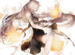 Rule 34 | 1girl, air bubble, alternate hair color, bad id, bad pixiv id, barefoot, black dress, bubble, closed eyes, closed mouth, dress, from side, hatsune miku, highres, lantern, long hair, mairieux (vocaloid), paper lantern, pink hair, puffy short sleeves, puffy sleeves, saihate (saihate d3), short sleeves, smile, solo, twintails, underwater, very long hair, vocaloid, white background