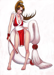 Rule 34 | 1girl, bare shoulders, barefoot, breasts, brown hair, cleavage, collarbone, fatal fury, feet, fingerless gloves, folded fan, folding fan, full body, gloves, hair ribbon, hand fan, highres, hip focus, japanese clothes, large breasts, lips, ogami, pelvic curtain, ponytail, red eyes, revealing clothes, ribbon, shiranui mai, side slit, simple background, snk, solo, the king of fighters, toes, wide hips