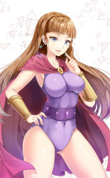 Rule 34 | 1girl, bad id, bad pixiv id, blonde hair, blue eyes, blunt bangs, breasts, cape, chocho (homelessfox), covered navel, earrings, finger to face, game queen, hand on own hip, jewelry, korean text, large breasts, leotard, long hair, looking at viewer, narara superboard, parted lips, retro anime, solo