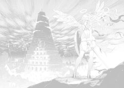 Rule 34 | 1girl, artist request, ass, bra, breasts, comic bavel, contrapposto, fantasy, feathered wings, floating hair, from behind, greyscale, halo, high heels, holding, holding shield, holding sword, holding weapon, large breasts, legs, long hair, looking afar, monochrome, official art, outdoors, pale color, panties, shield, standing, string panties, sword, tower, tower of babel, underwear, underwear only, weapon, wings