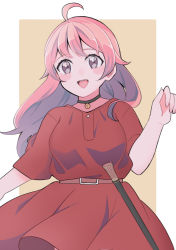 Rule 34 | 1girl, :d, ahoge, belt, blush, choker, dress, highres, long hair, open mouth, pink hair, red dress, short sleeves, simple background, smile, solo, w op 34, wakatsuki niko, witch watch