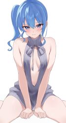 Rule 34 | 1girl, arms between legs, bare shoulders, blue eyes, blue hair, blush, breasts, breasts apart, center opening, closed mouth, cowboy shot, dot nose, fawny, furrowed brow, grey sweater, hair between eyes, highres, hololive, hoshimachi suisei, legs apart, long hair, looking at viewer, medium breasts, meme attire, no pants, ribbed sweater, side ponytail, sidelocks, simple background, sitting, sleeveless, sleeveless sweater, solo, sweater, turtleneck, turtleneck sweater, virgin killer sweater, virtual youtuber, wariza, white background