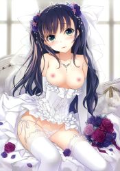Rule 34 | 1girl, absurdres, arm support, bare shoulders, blush, bouquet, breasts, bridal veil, collarbone, corset, dress, earrings, elbow gloves, flower, garter straps, ginta, glint, gloves, green eyes, hair flower, hair ornament, highres, indoors, jewelry, lace, lace-trimmed legwear, lace trim, long hair, looking at viewer, medium breasts, necklace, nipples, panties, petals, purple hair, side-tie panties, sitting, sleeveless, sleeveless dress, smile, solo, sparkle, string panties, thighhighs, tiara, underwear, veil, wedding dress, white dress, white gloves, white panties, white thighhighs