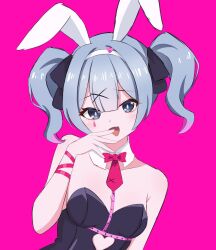 Rule 34 | 1girl, :d, absurdres, animal ears, bare shoulders, black leotard, black ribbon, blue eyes, blue hair, blush, bow, bowtie, breasts, clothing cutout, detached collar, dsuzu, fake animal ears, hair ribbon, hand on own face, hatsune miku, highres, leotard, medium breasts, open mouth, pink background, playboy bunny, pure pure (rabbit hole), rabbit ears, rabbit hole (vocaloid), red bow, red bowtie, ribbon, short hair, short twintails, sidelocks, simple background, smile, solo, stomach cutout, teardrop facial mark, twintails, vocaloid