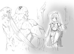 Rule 34 | 1boy, 1girl, ahoge, armor, bald, bathing, belt, boots, cape, cloak, clothed female nude male, earrings, elbow gloves, elf, forest, gloves, greaves, greyscale, harahachibu ajinosuke, high ponytail, highleg, jewelry, monochrome, muscular, nature, no panties, nude, orc, original, outdoors, pointy ears, ponytail, pouch, public indecency, tagme, tattoo, thigh boots, thighhighs, topless, towel, walk-in, wet