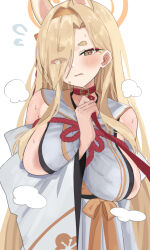 Rule 34 | 1girl, animal ears, blonde hair, blue archive, blush, breasts, brown eyes, collar, commentary request, detached sleeves, eyes visible through hair, hair over one eye, halo, highres, japanese clothes, kaho (blue archive), kimono, large breasts, leash, long hair, looking at viewer, mole, mole under mouth, red collar, solo, sweat, thick eyebrows, tsumayouji (tumayog), white kimono, white sleeves, wide sleeves