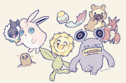 Rule 34 | bidoof, bird, black eyes, blue eyes, brown fur, chatot, chimecho, claws, closed eyes, colored skin, corphish, creatures (company), diglett, floating, game freak, gen 1 pokemon, gen 2 pokemon, gen 3 pokemon, gen 4 pokemon, loudred, nintendo, open mouth, pink skin, pokemon, pokemon (creature), signature, simple background, sitting, smile, sparkle, sunflora, teeth, walking, white background, wigglytuff, yellow eyes, yurano (upao)