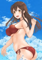 Rule 34 | 1girl, :d, akagi (kancolle), alternate costume, ass, bare arms, bare shoulders, bikini, blue sky, blush, breasts, brown hair, clothes writing, cloud, cowboy shot, day, eyes visible through hair, female focus, from below, fukuroumori, hair between eyes, hand up, happy, highres, kantai collection, large breasts, long hair, looking at viewer, looking back, navel, neck, open mouth, orange eyes, partially submerged, red bikini, round teeth, sky, smile, solo, splashing, standing, straight hair, swimsuit, teeth, underboob, upper teeth only, wading