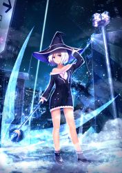 Rule 34 | 1girl, bad id, bad pixiv id, black dress, black footwear, black hat, blue eyes, collarbone, commentary request, dark sky, dress, full body, hat, highres, lamp, long sleeves, night, original, outdoors, short hair, sky, solo, ssautwoarkio, staff, star (sky), starry sky, weapon, white hair, witch, witch hat
