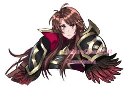 Rule 34 | 1girl, antenna hair, armor, black armor, brown hair, commentary, commission, english commentary, fire emblem, fire emblem: mystery of the emblem, fire emblem heroes, gold trim, highres, long hair, nintendo, parted bangs, red eyes, sakurachanart02, sheena (fire emblem), sheena (resplendent) (fire emblem), shoulder armor, solo, upper body, v-shaped eyebrows, watermark, white background