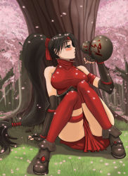 Rule 34 | 1girl, akali, akali (legacy), arm strap, black hair, blush, breasts, cherry blossoms, crimson akali, elbow gloves, fingerless gloves, gloves, gourd, highres, large breasts, league of legends, legs, long hair, ponytail, seiryuu zaiten, shirt, sitting, solo, taut clothes, taut shirt, thigh strap, thighhighs, thighs, tree, very long hair, wide hips