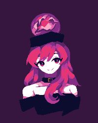 Rule 34 | 1girl, 4qw5, bare shoulders, black choker, black headwear, black shirt, breasts, choker, closed mouth, commentary request, eyelashes, hair between eyes, hecatia lapislazuli, looking to the side, medium breasts, medium hair, off-shoulder shirt, off shoulder, pink eyes, pink hair, pixel art, purple background, shirt, short sleeves, simple background, smile, solo, t-shirt, touhou, underworld (ornament), upper body